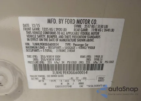 2016 Lincoln Mks из США, поврежденный, VIN 1LNHL9EK0GG600054